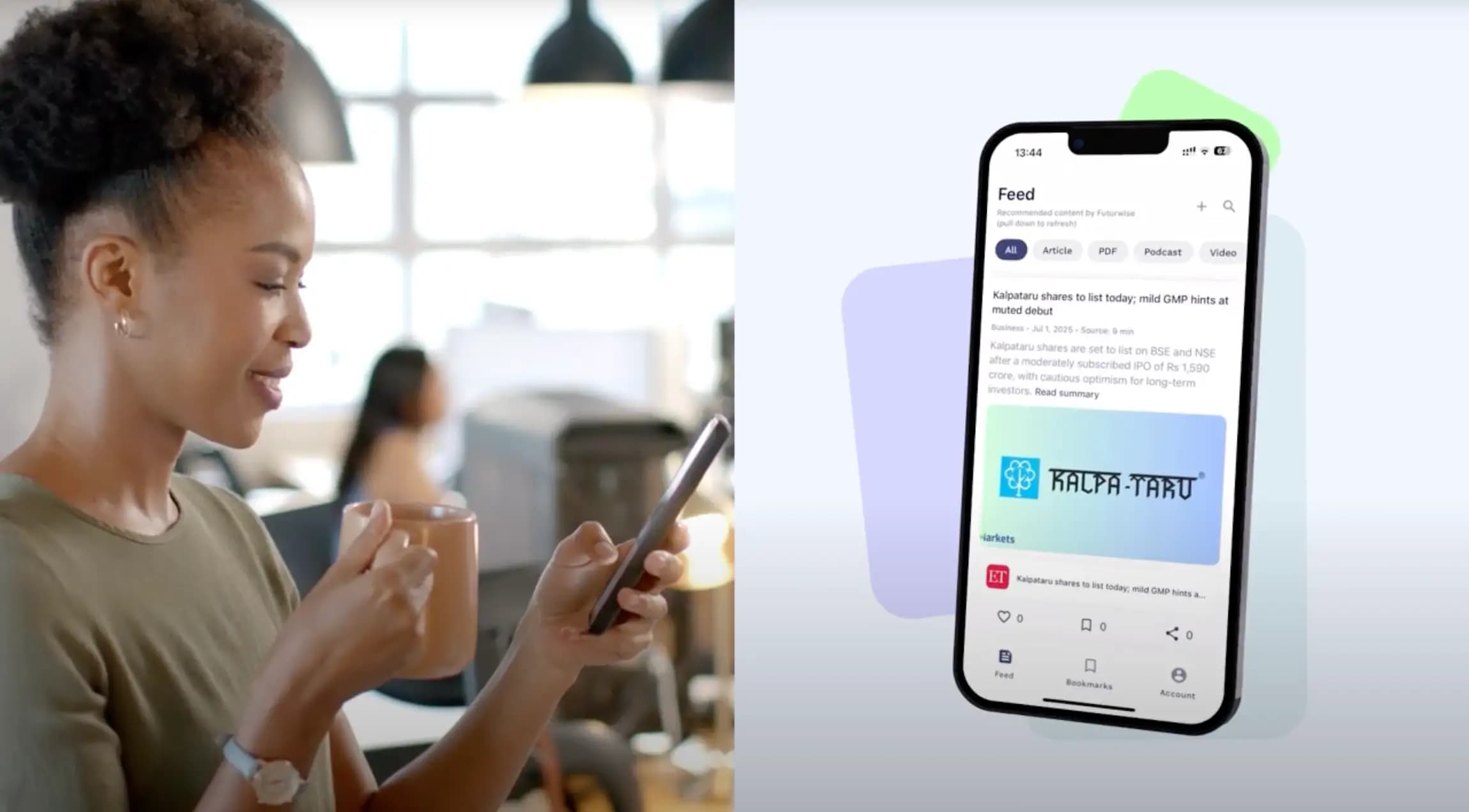 Video placeholder showing a person using a mobile app content feed